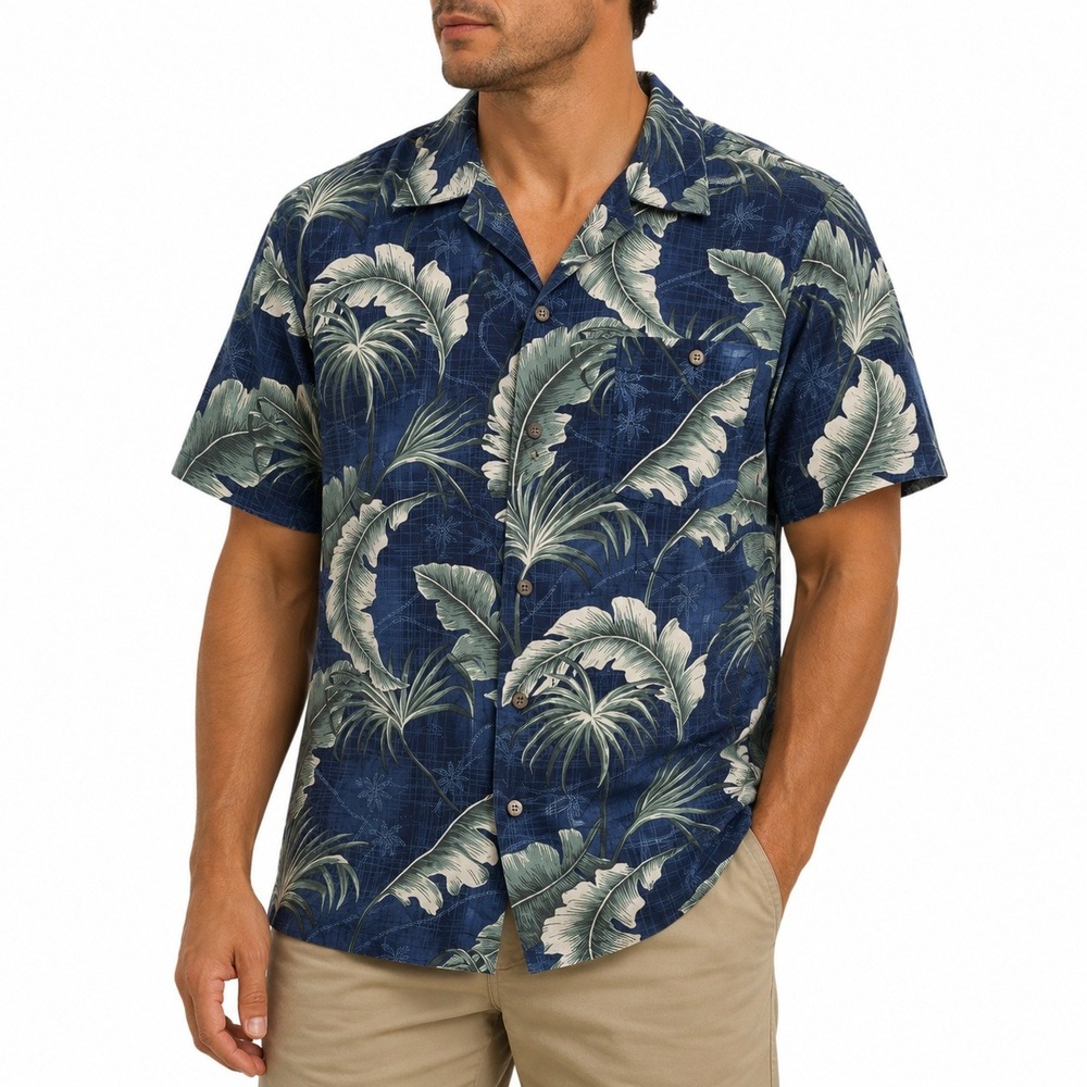 Campia Sport Mens 3XLT Navy Blue Tropical Palm Leaf Rayon Button Up Shirt 96958X